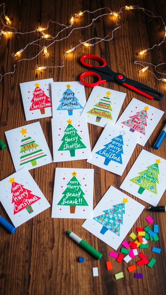 A variety of handmade Christmas cards with festive designs on a wooden table, surrounded by crafting materials.